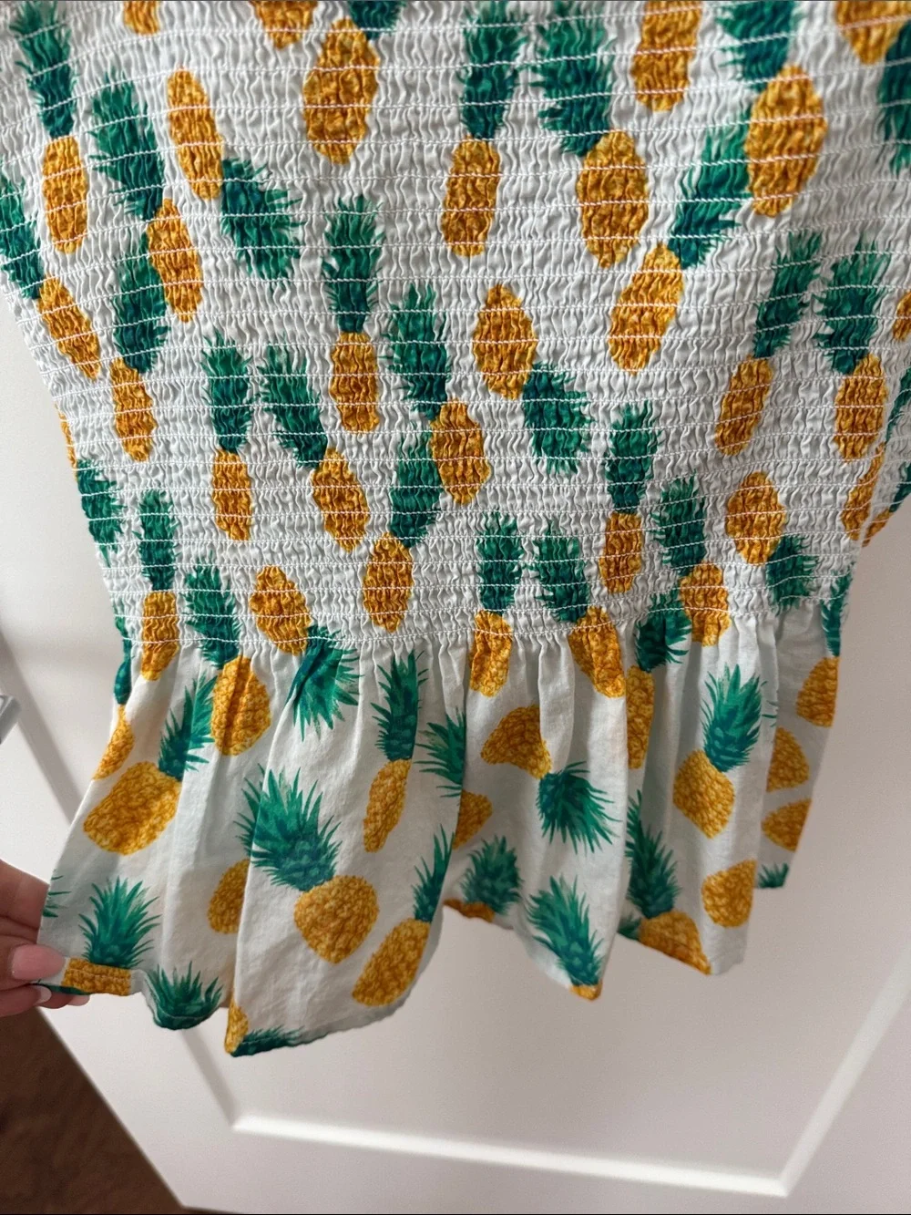 J. Crew White Pineapple Smocked Tie-Shoulder Top